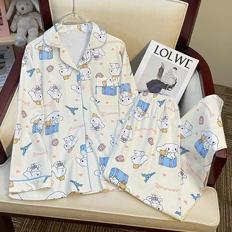 Новая осенняя хлопковая длинная женская одежда Sanrio Cinnamoroll, пижамы, домашняя одежда, шелковые пижамы, женский костюм для сна
Новая осенняя хлопковая длинная женская одежда Sanrio Cinnamoroll, пижамы, домашняя одежда, шелковые пижамы, женский костюм для сна