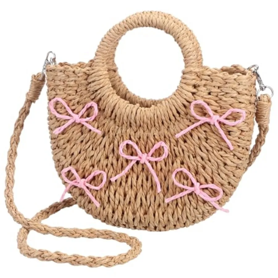 Straw Beach Bag for Women, Small Boho Woven Tote Handbag with Pink Bowknot, Crossbody Handle Purse for Summer Travel
Straw Beach Bag for Women, Small Boho Woven Tote Handbag with Pink Bowknot, Crossbody Handle Purse for Summer Travel