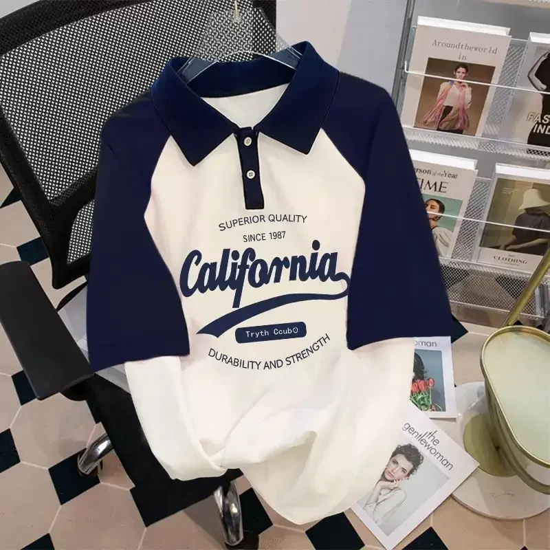 Fashion Preppy Style Pullovers Ladies Turn-down Collar Tops Summer Printing T-Shirts Patchwork Buttons Loose Women's Clothing
Fashion Preppy Style Pullovers Ladies Turn-down Collar Tops Summer Printing T-Shirts Patchwork Buttons Loose Women's Clothing