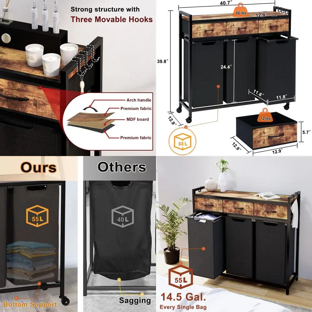 3-Section Rolling Laundry Basket with Wheels, Removable Fabric Drawers, 3 × 55L Capacity, Black & Rustic Brown
3-Section Rolling Laundry Basket with Wheels, Removable Fabric Drawers, 3 × 55L Capacity, Black & Rustic Brown