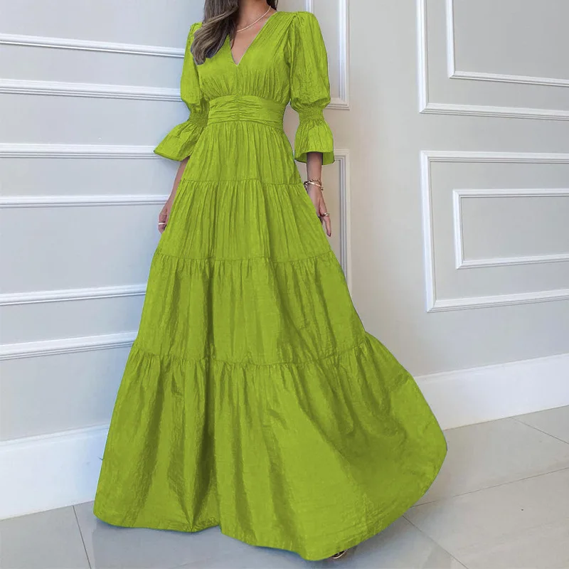 Women's Fashion V-Neck Dress Bubble Sleeve A Line Pleated Dress Maxi Swing Long Dresses
Women's Fashion V-Neck Dress Bubble Sleeve A Line Pleated Dress Maxi Swing Long Dresses