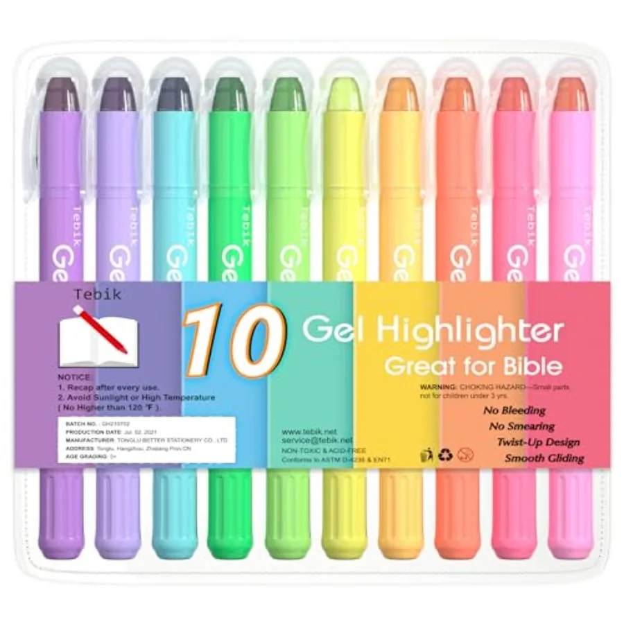 Gel Highlighter, 10 Colors Bible Safe Highlighter Study Kit, Highlighters Assorted Colors, Twistable Design, No Bleeding Great
Gel Highlighter, 10 Colors Bible Safe Highlighter Study Kit, Highlighters Assorted Colors, Twistable Design, No Bleeding Great