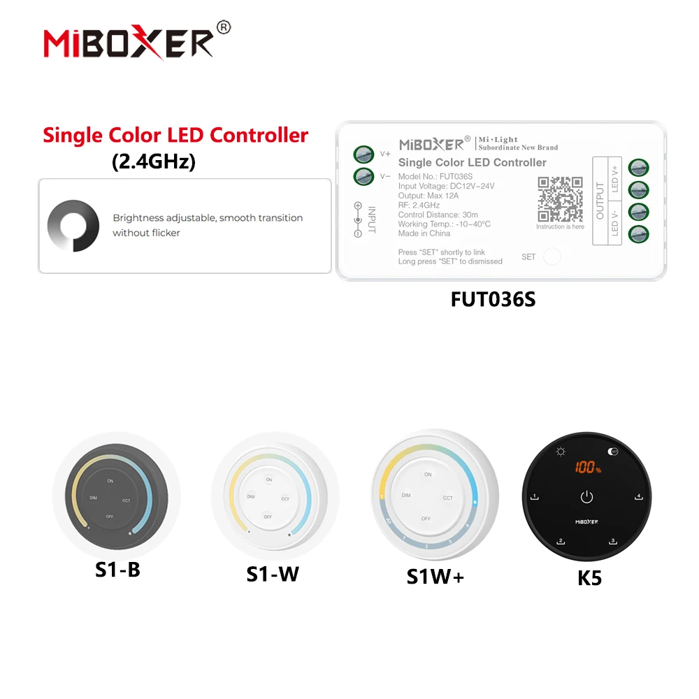 MiBoxer DC12~24V FUT036S+K5/S1W+ 2.4GHzRF Wireless Single Color 12A/Channel LED Controller For Single Color COB/Led Strip Light
MiBoxer DC12~24V FUT036S+K5/S1W+ 2.4GHzRF Wireless Single Color 12A/Channel LED Controller For Single Color COB/Led Strip Light