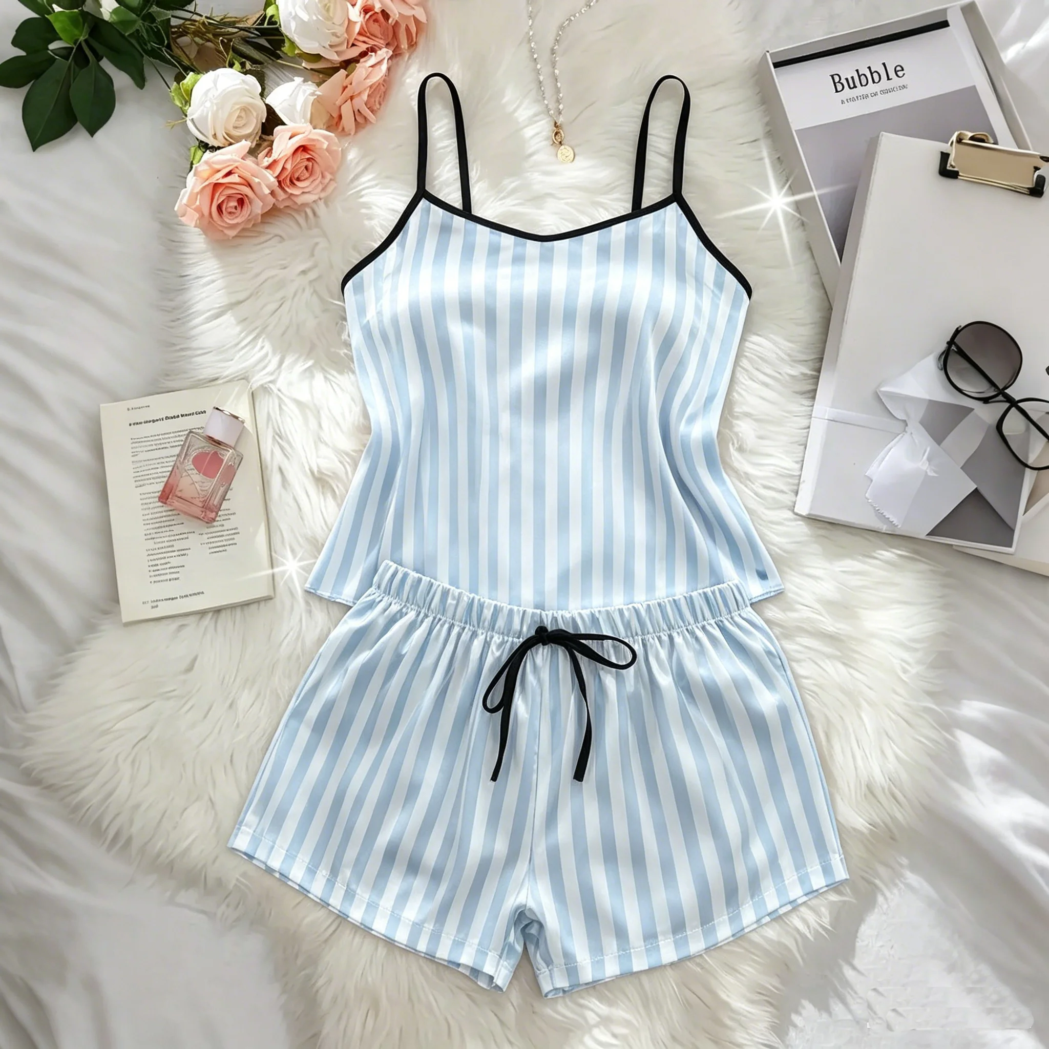 Summer Women New Fashion V-Neck Sexy Stripe Pajama Set Women's 2 Pieces Sleepwear Pyjamas Silk Satin Cami Top and Shorts
Summer Women New Fashion V-Neck Sexy Stripe Pajama Set Women's 2 Pieces Sleepwear Pyjamas Silk Satin Cami Top and Shorts