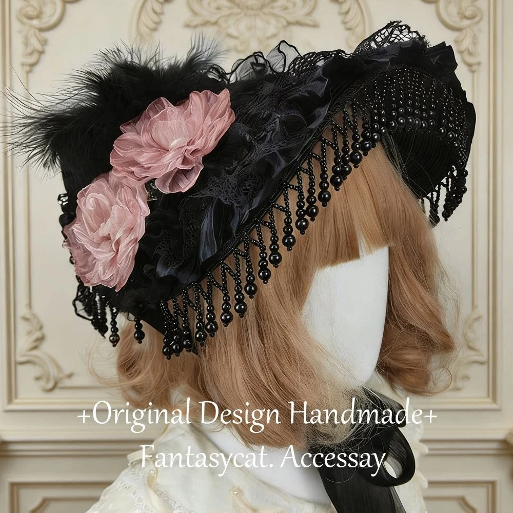 Gothic Black Straw Lace Bonnet Cap Girls Lolita Beaded Tassel Flower Feather Fascinator Hat Original Design Cosplay Hat Headwear
Gothic Black Straw Lace Bonnet Cap Girls Lolita Beaded Tassel Flower Feather Fascinator Hat Original Design Cosplay Hat Headwear