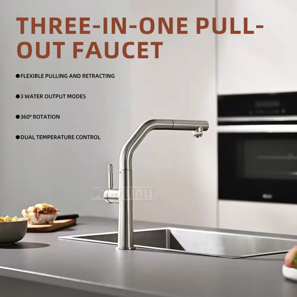 3-in-1 Brushed Nickel Kitchen Hot/Cold Water Faucet—High-End Household Kitchen Single-Basin Swivel and Pull-Out Faucet
3-in-1 Brushed Nickel Kitchen Hot/Cold Water Faucet—High-End Household Kitchen Single-Basin Swivel and Pull-Out Faucet