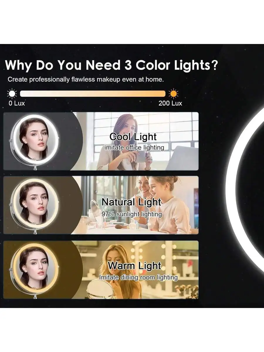 7 Inch Lighted Makeup Mirror With 3 Color Lights 1x 10x Magnification 360 Degree Rotation Adjustable Brightness
7 Inch Lighted Makeup Mirror With 3 Color Lights 1x 10x Magnification 360 Degree Rotation Adjustable Brightness