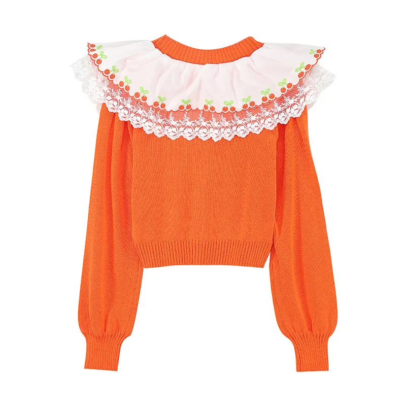 Orange Round Neck Embroidered Lace Lotus Leaf Collar Puff Sleeve Knitted Cardigan Women's Sweater 2025 Spring Autumn Cardigan
Orange Round Neck Embroidered Lace Lotus Leaf Collar Puff Sleeve Knitted Cardigan Women's Sweater 2025 Spring Autumn Cardigan