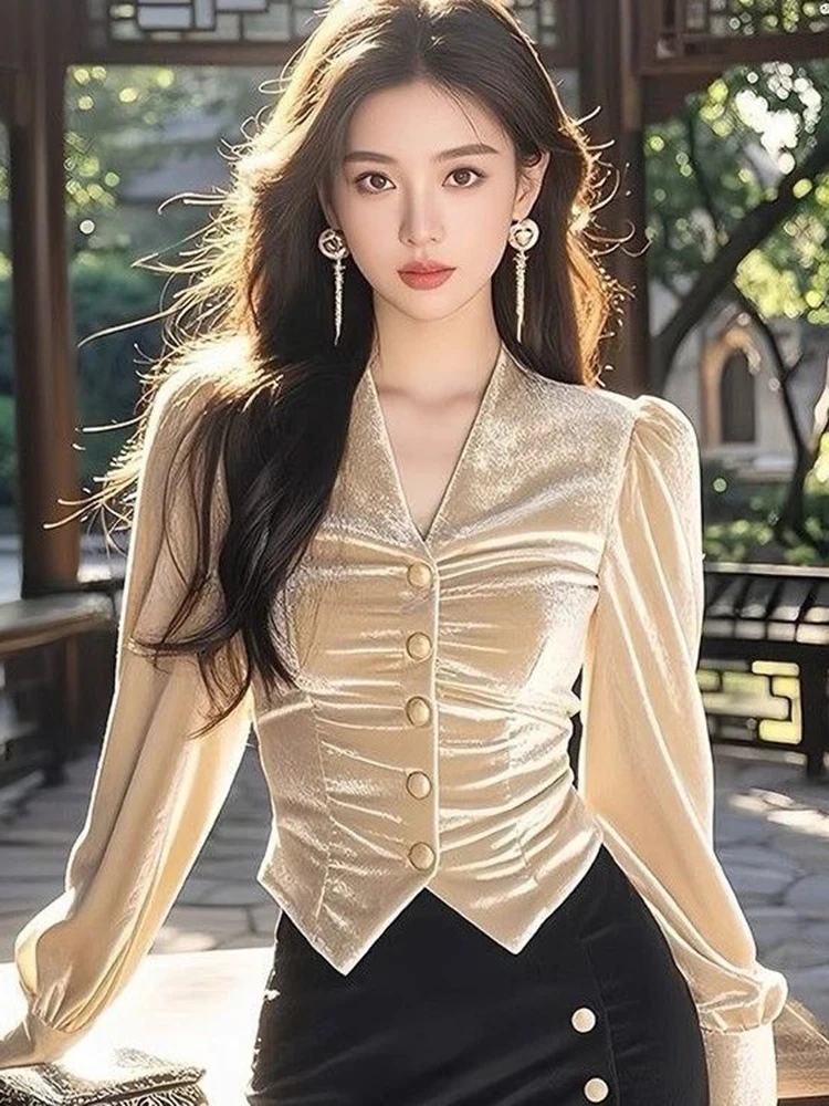 Gold Velvet Long Sve irt Women's Base Layer Unique Beautiful Small Top Commute Sle Korean Version Slim Fit V-ne
Gold Velvet Long Sve irt Women's Base Layer Unique Beautiful Small Top Commute Sle Korean Version Slim Fit V-ne