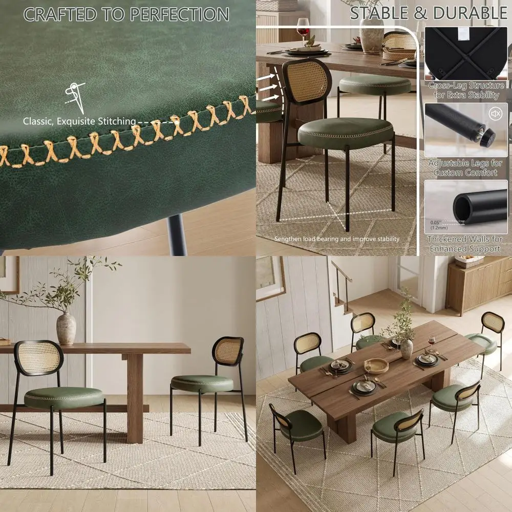 Green Leather Rattan Back Dining Chairs Set Of 6 With Black Metal Legs And D-Shaped Cushions
Green Leather Rattan Back Dining Chairs Set Of 6 With Black Metal Legs And D-Shaped Cushions