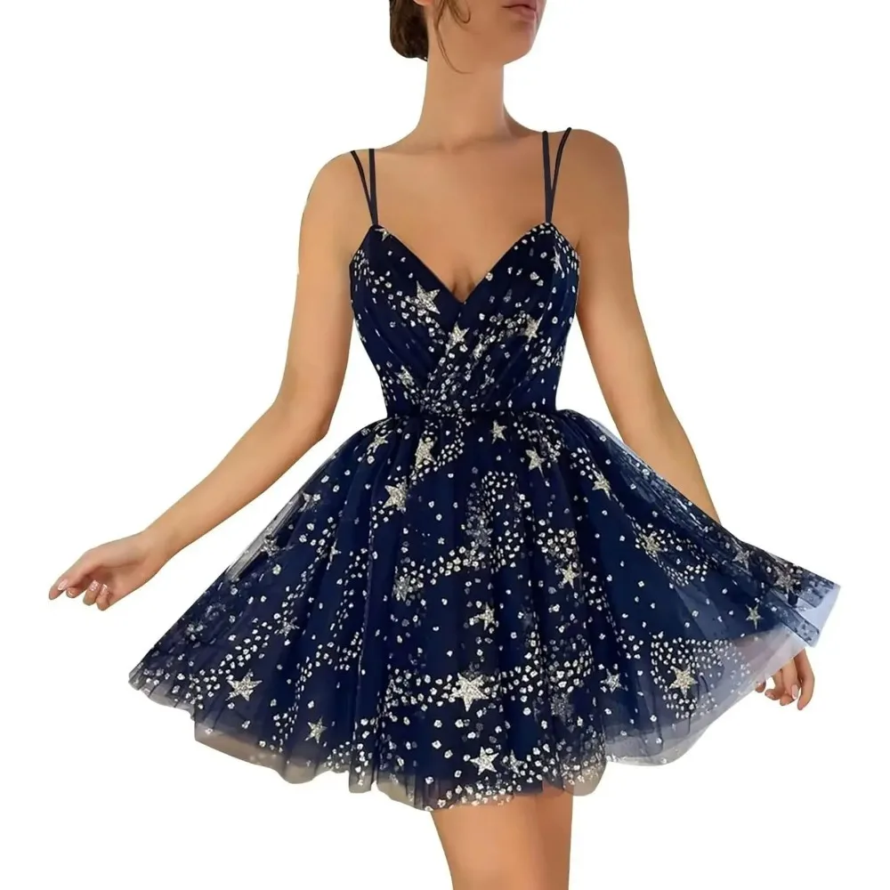 Women's Sparkly Starry Tulle Homecoming Dress Spaghetti Straps Mini Cocktail Prom Party Gowns Graduation Mini Birthday Dress
Women's Sparkly Starry Tulle Homecoming Dress Spaghetti Straps Mini Cocktail Prom Party Gowns Graduation Mini Birthday Dress