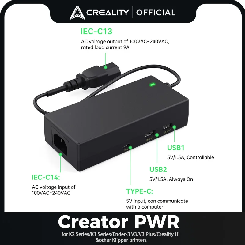 Creality Creator PWR for K2 Series/K1 Series/Ender-3 V3 3D Printer Dual USB Ports Real-Time Monitoring 3D Printing Accessory
Creality Creator PWR for K2 Series/K1 Series/Ender-3 V3 3D Printer Dual USB Ports Real-Time Monitoring 3D Printing Accessory