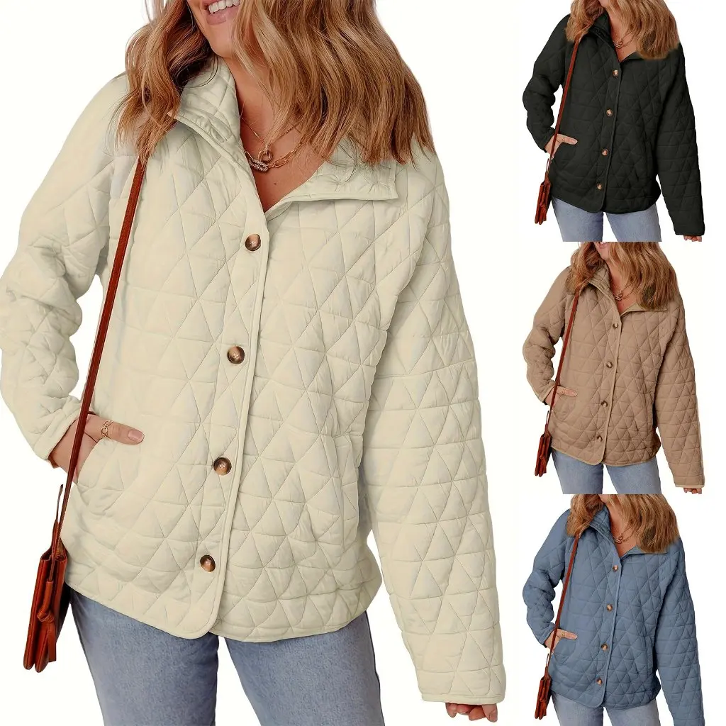 Autumn Winter Quilted Cotton Coat Simple Solid Color round Neck European American Style Women's Loose Fit Outerwear 
Autumn Winter Quilted Cotton Coat Simple Solid Color round Neck European American Style Women's Loose Fit Outerwear