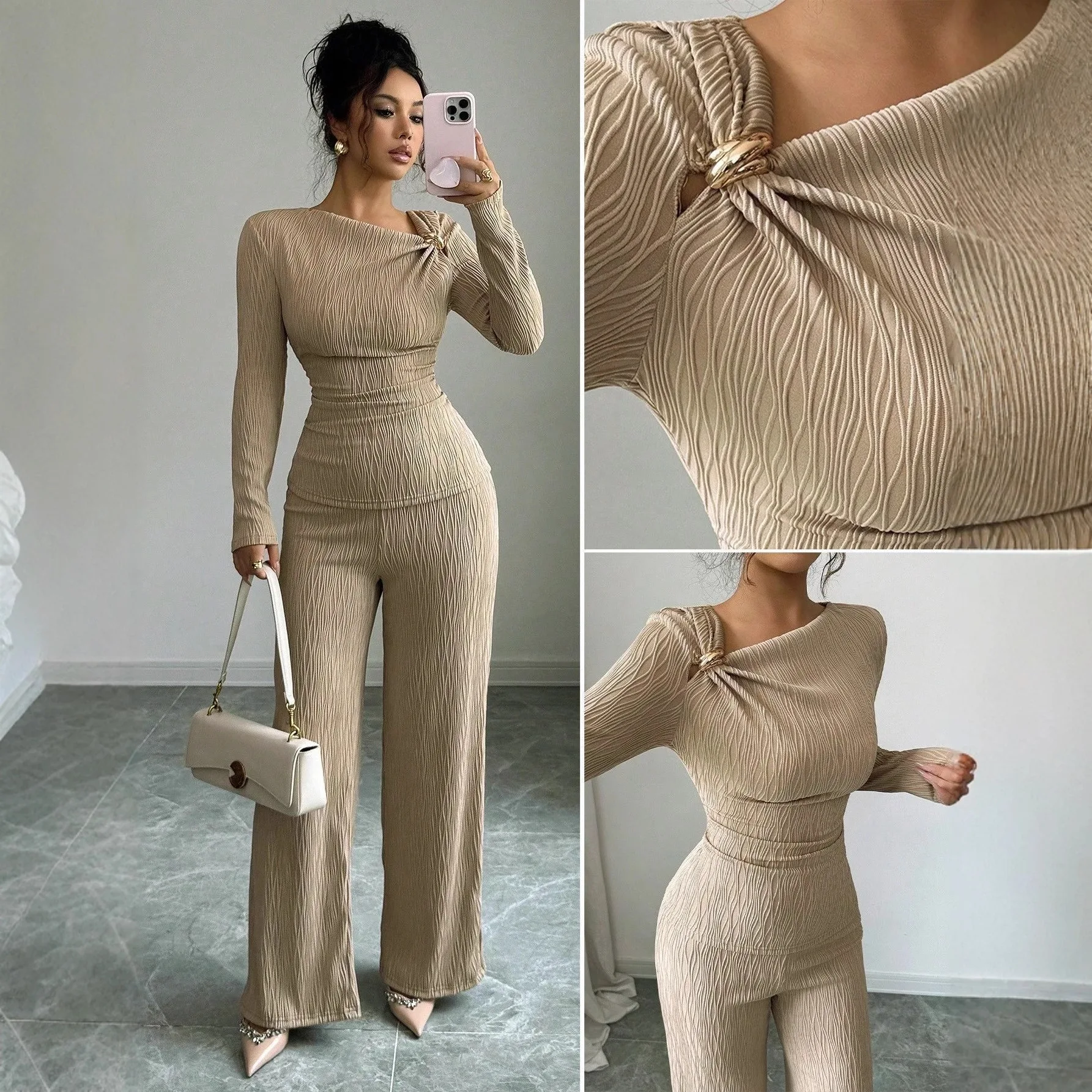 Women's Elegant Two-piece Suit With Metal Buckle Detail, Slim-fit Long-sleeve Top And Wide-leg Pants Robe Elegant Boho
Women's Elegant Two-piece Suit With Metal Buckle Detail, Slim-fit Long-sleeve Top And Wide-leg Pants Robe Elegant Boho