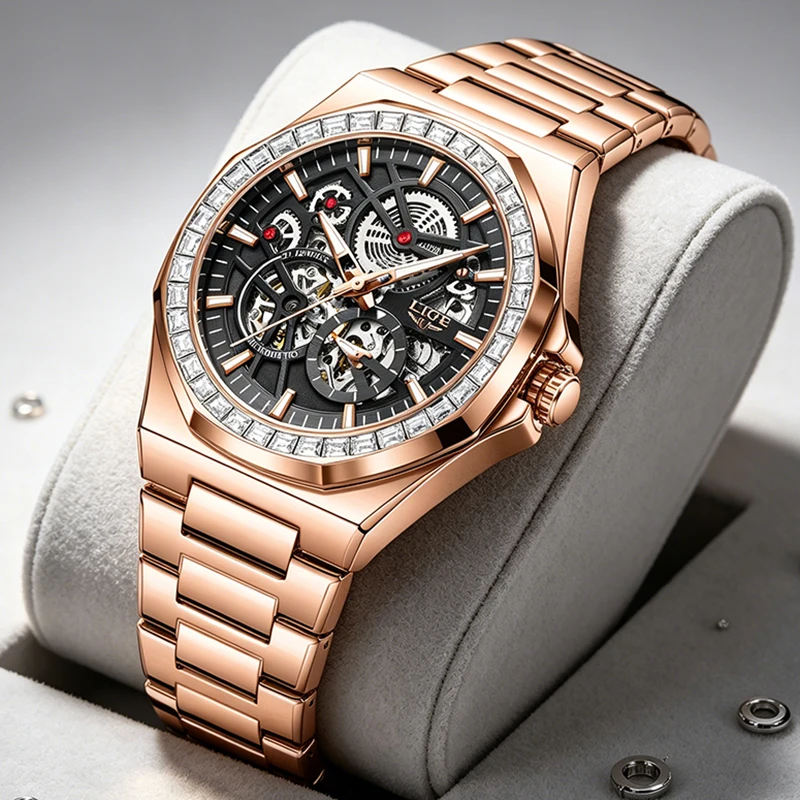 LIGE New Automatic Mechanical Watches For Men Rose Gold Skeleton Diamond Bezel Luminous Men Watch Waterproof Business Wristwatch
LIGE New Automatic Mechanical Watches For Men Rose Gold Skeleton Diamond Bezel Luminous Men Watch Waterproof Business Wristwatch