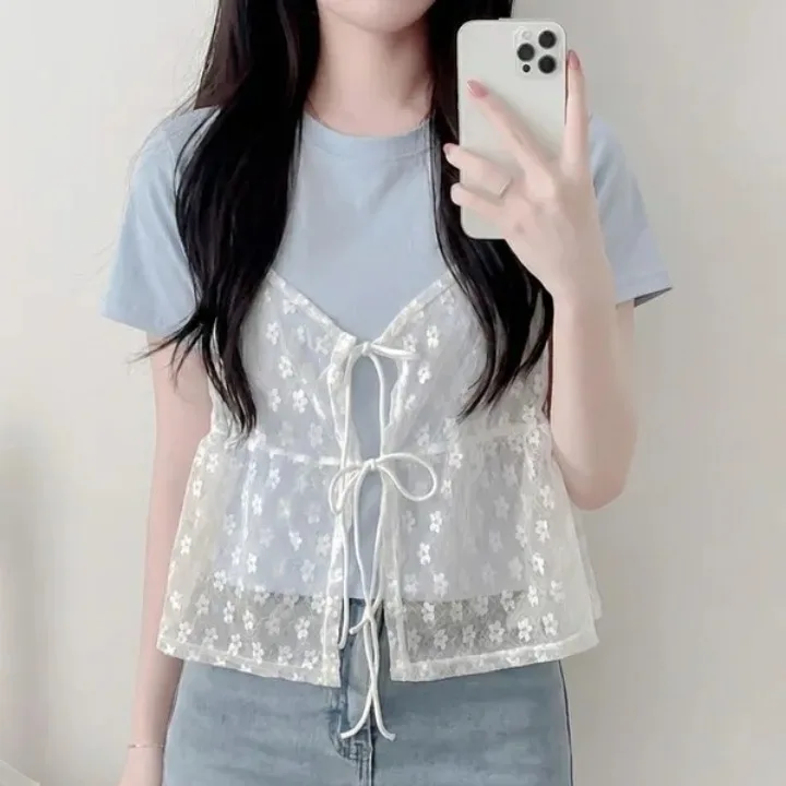 Chic Lace Trim Belted Short Sleeve round Neck T-Shirt Set Casual Loose Fit Breathable Cotton Polyester Blend Summer Top for W...
Chic Lace Trim Belted Short Sleeve round Neck T-Shirt Set Casual Loose Fit Breathable Cotton Polyester Blend Summer Top for W...