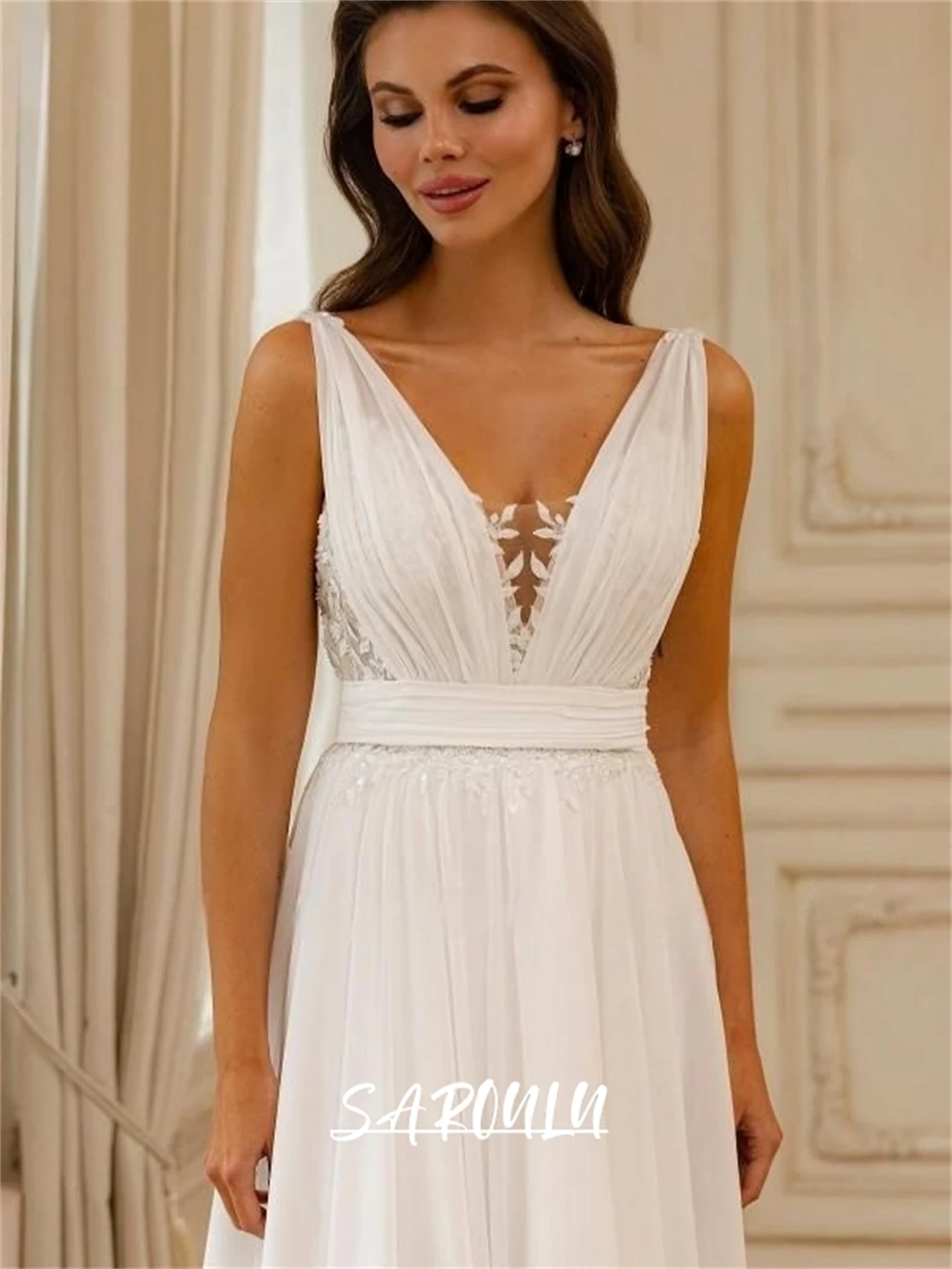Long Chiffon Sheath Bride Dress Lace Sleeveless Customized Wedding Dresses for Women Sweep Train Romantic Simple Bridal Gown
Long Chiffon Sheath Bride Dress Lace Sleeveless Customized Wedding Dresses for Women Sweep Train Romantic Simple Bridal Gown