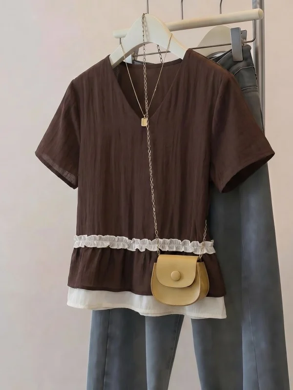 Meadow V-Neck Short Sleeve Shirt Women's plus Size Doll Style Top Korean Style Commute Fashion Loose Fit Summer New Arrival
Meadow V-Neck Short Sleeve Shirt Women's plus Size Doll Style Top Korean Style Commute Fashion Loose Fit Summer New Arrival
