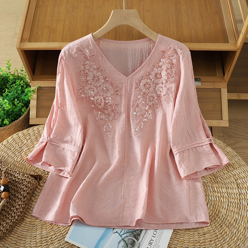 Women Summer Linen Cotton Blend Blouse V Neck Half Sleeve Embroidery Shirts Loose Casual Pullover Tops Elegant Ladies Linen Tuni
Women Summer Linen Cotton Blend Blouse V Neck Half Sleeve Embroidery Shirts Loose Casual Pullover Tops Elegant Ladies Linen Tuni