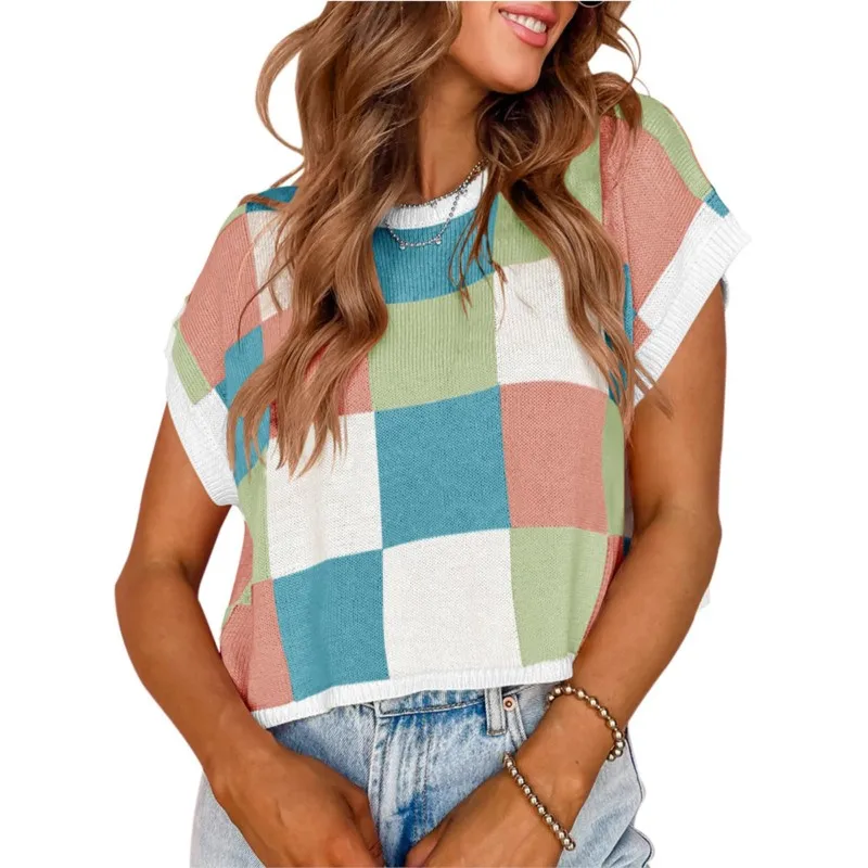2025 Knitted Plaid Sweater Cap Sleeve Crop Top Round Neck Color Block Long Sleeve Women Pullovers Fashionable Casual Wear
2025 Knitted Plaid Sweater Cap Sleeve Crop Top Round Neck Color Block Long Sleeve Women Pullovers Fashionable Casual Wear