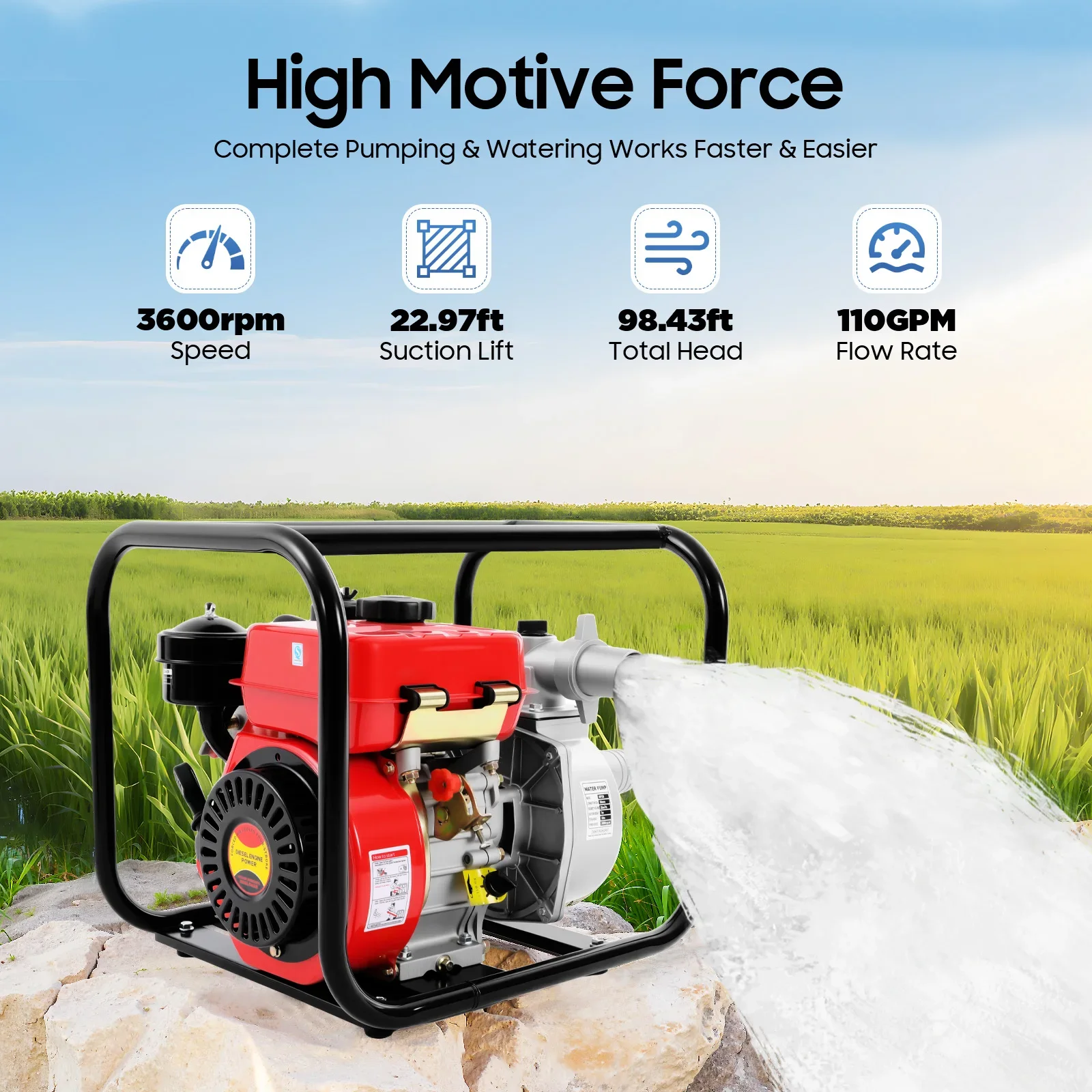 210cc 3KW 7.5HP 4-stroke Air-cooled Diesel Engine Water Pump 3600rpm with Water Pipe for Farm Garden Irrigation, Drainage
210cc 3KW 7.5HP 4-stroke Air-cooled Diesel Engine Water Pump 3600rpm with Water Pipe for Farm Garden Irrigation, Drainage