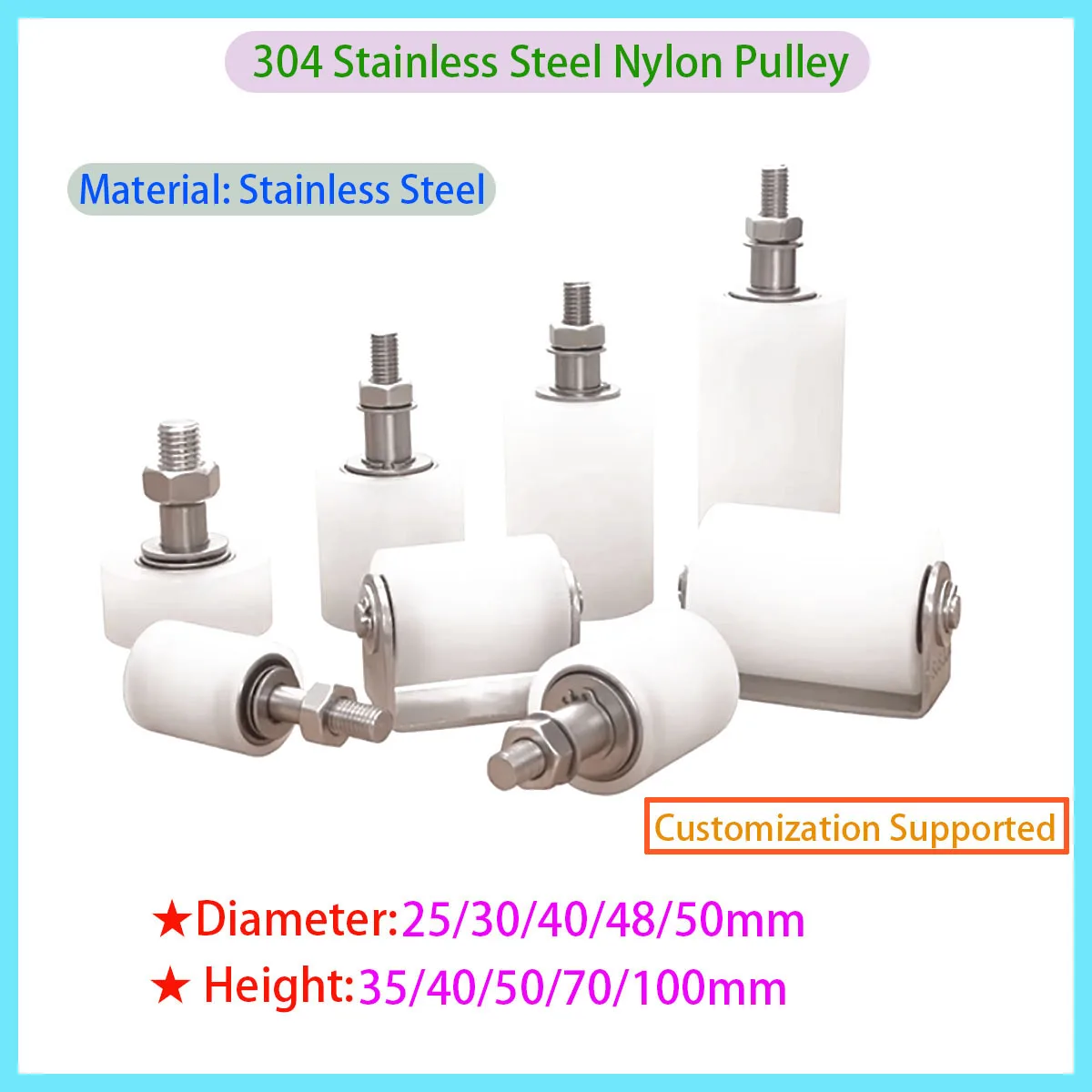 304 Stainless Steel Nylon Pulley, Stable and Durable Industrial Hardware with A Diameter of 25/30/40/48/50mm
304 Stainless Steel Nylon Pulley, Stable and Durable Industrial Hardware with A Diameter of 25/30/40/48/50mm