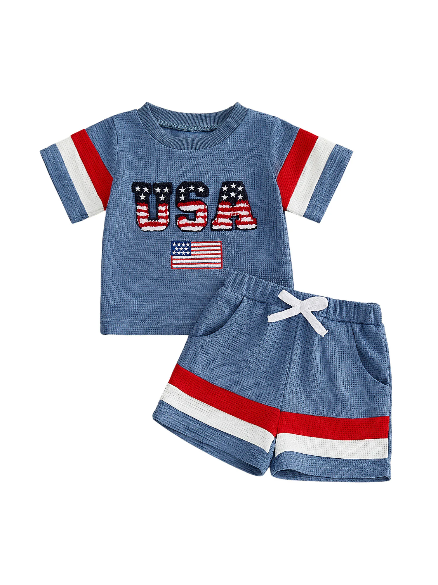 Kids 4th of July Matching Outfits Short Sleeve American Flag Print T-Shirt and Drawstring Shorts Set Patriotic Clothing for Boys
Kids 4th of July Matching Outfits Short Sleeve American Flag Print T-Shirt and Drawstring Shorts Set Patriotic Clothing for Boys