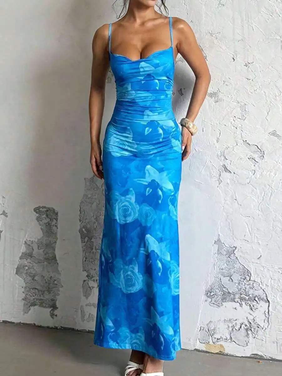 Blue Floral Print Spaghetti Strap Ruched Bodycon Maxi Dress For Women
Blue Floral Print Spaghetti Strap Ruched Bodycon Maxi Dress For Women