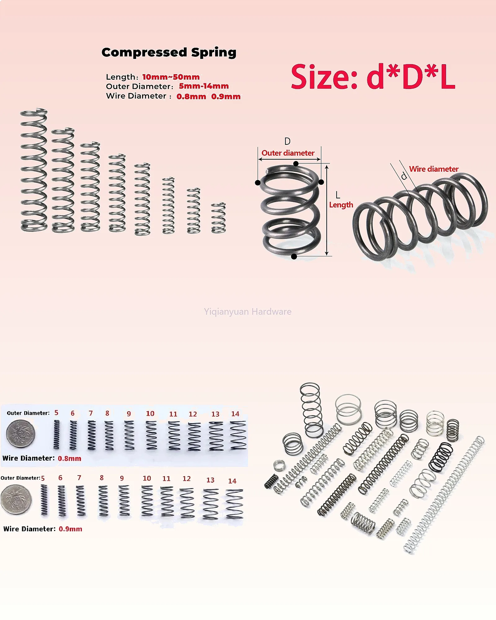 Yiqianyuan 10pc Spring Steel Compression Release Mechanical Return Spring OD 5-14mm Length 10-50mm 0.8/0.9mm Wire
Yiqianyuan 10pc Spring Steel Compression Release Mechanical Return Spring OD 5-14mm Length 10-50mm 0.8/0.9mm Wire