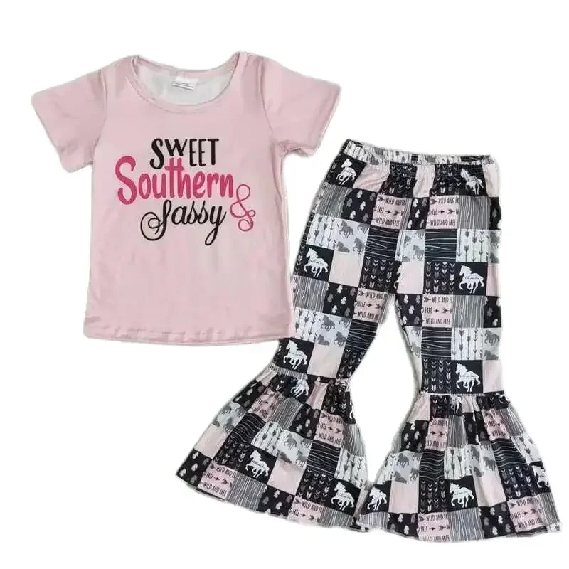 A0-16 Kids Girls Summer Outfit Sets Short Sleeves Top Pink Letters Horse Square Print With Boot Cut Pant Children Clothes
A0-16 Kids Girls Summer Outfit Sets Short Sleeves Top Pink Letters Horse Square Print With Boot Cut Pant Children Clothes