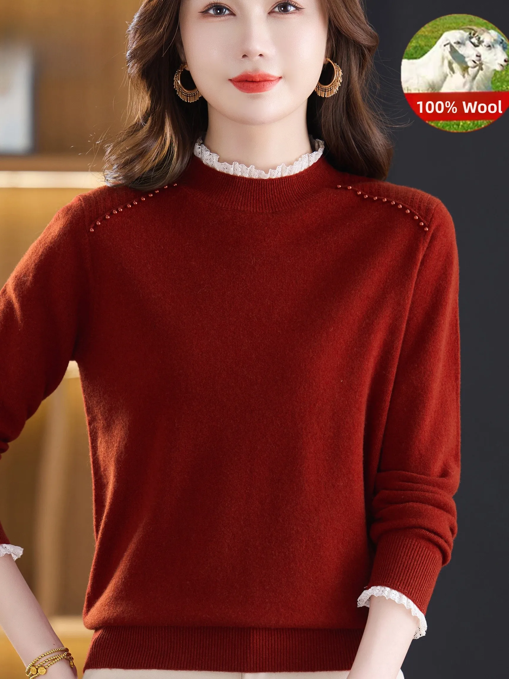 100% Pure Wool Knitted Top Women's Half High Collar Lace Trim Base Shirt Middle Age Women's Fashion Mom's Style Warmth Daily ...
100% Pure Wool Knitted Top Women's Half High Collar Lace Trim Base Shirt Middle Age Women's Fashion Mom's Style Warmth Daily ...