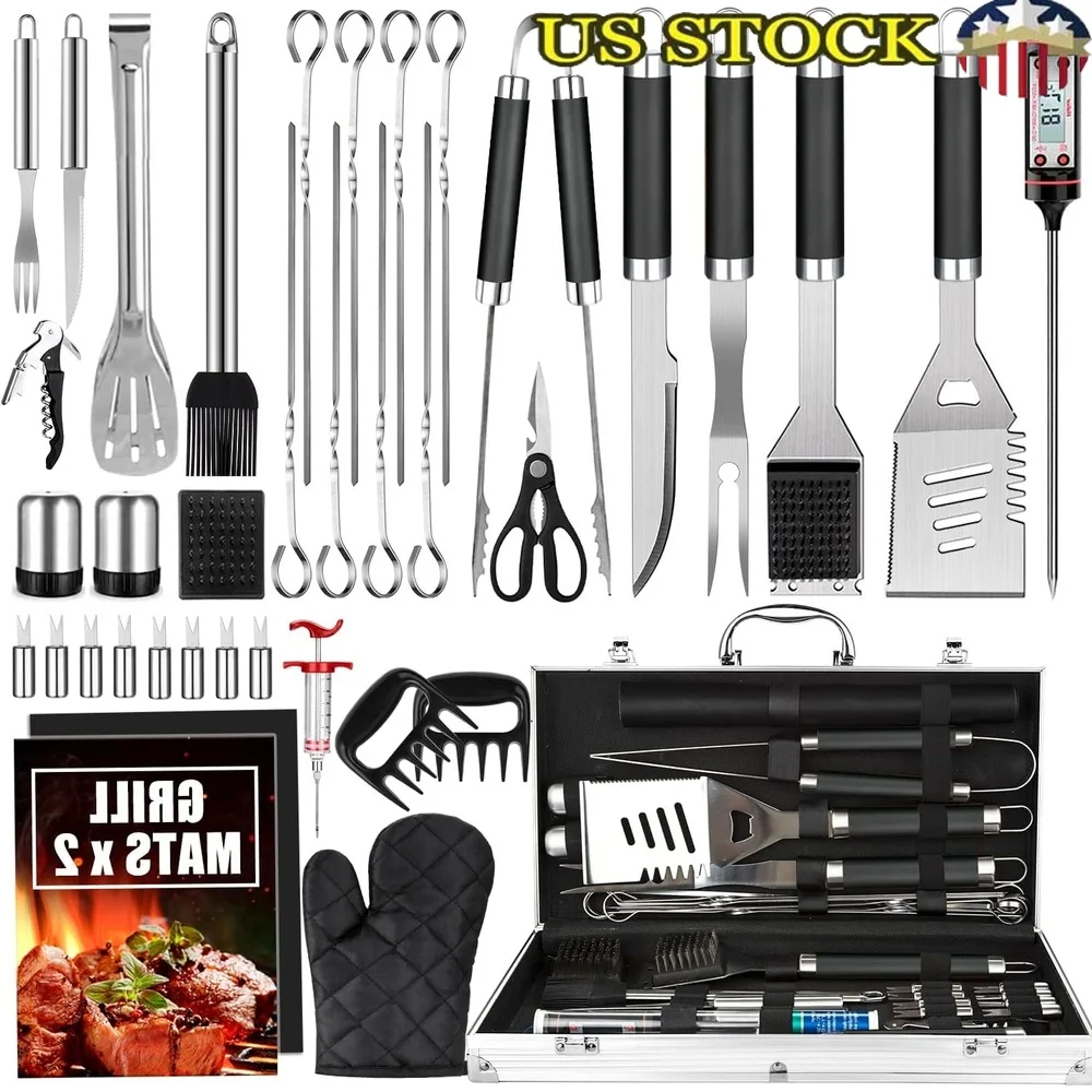 38pcs Stainless Steel BBQ Grill Tools Set with Aluminum Case Thermometer Grill Mats Long-Handled Tongs Fork Spatula Meat Claws
38pcs Stainless Steel BBQ Grill Tools Set with Aluminum Case Thermometer Grill Mats Long-Handled Tongs Fork Spatula Meat Claws