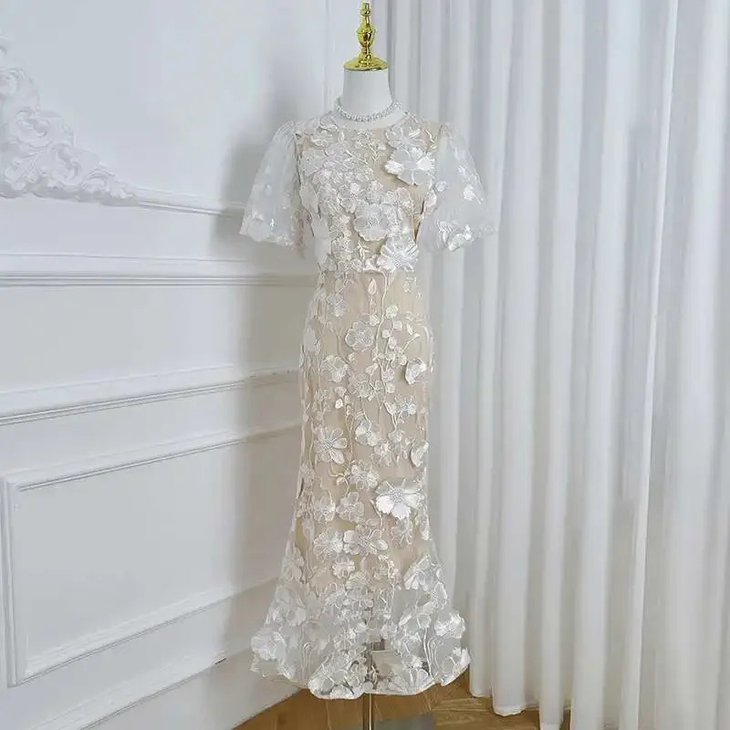 Elegant 3D Flower Long Evening Lace Dresses Women Summer Bubble Short Sleeve Embroidery Fishtail Mermaid Party Vestidos
Elegant 3D Flower Long Evening Lace Dresses Women Summer Bubble Short Sleeve Embroidery Fishtail Mermaid Party Vestidos
