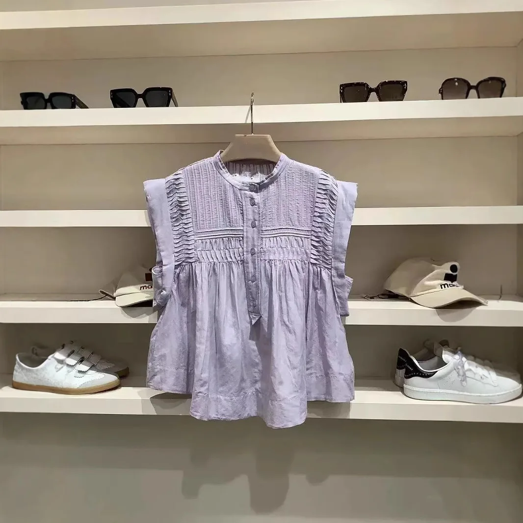 2025 Isabels Marants Fashion T-Shirt Sweet Romantic Purple Pleated Vintage Small Fly Sleeve Loose Shirt Vest Women
2025 Isabels Marants Fashion T-Shirt Sweet Romantic Purple Pleated Vintage Small Fly Sleeve Loose Shirt Vest Women