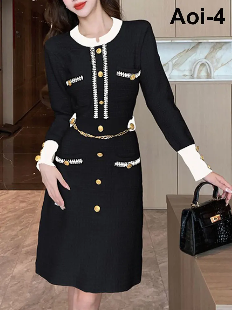Fashion Elegant Knitted Dress Women 23 Autumn Winter Slimming Long Sleeve O-Neck Gold Button Dresses Gold Waist Chain Long Dress
Fashion Elegant Knitted Dress Women 23 Autumn Winter Slimming Long Sleeve O-Neck Gold Button Dresses Gold Waist Chain Long Dress