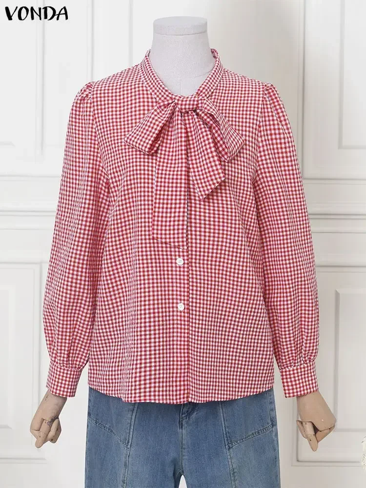 VONDA Plus Size Shirts Women Elegant Plaid Autumn Long Sleeve Blouse 2025 Bow Collar Fashion Tops Puff Sleeve Office Blusas 5XL 
VONDA Plus Size Shirts Women Elegant Plaid Autumn Long Sleeve Blouse 2025 Bow Collar Fashion Tops Puff Sleeve Office Blusas 5XL