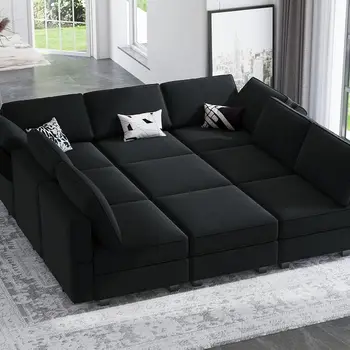 Modular Sectional Sofa with Ottomans Velvet Reversible Sleeper Chaise Bed Storage Seat Black