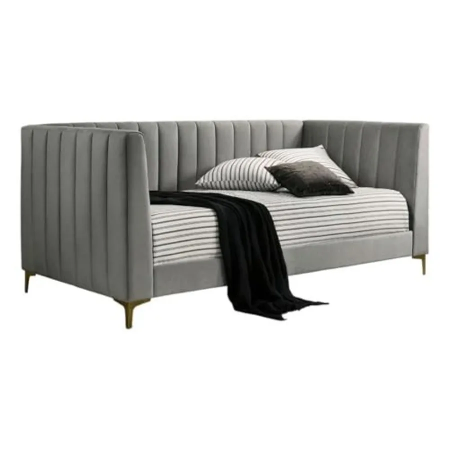 Twin Daybed, Upholstered Flannelette in Gray, Channel Tufted Tuxedo Arms, Gold Metal Legs, Modern Contemporary Design, Mattress
Twin Daybed, Upholstered Flannelette in Gray, Channel Tufted Tuxedo Arms, Gold Metal Legs, Modern Contemporary Design, Mattress