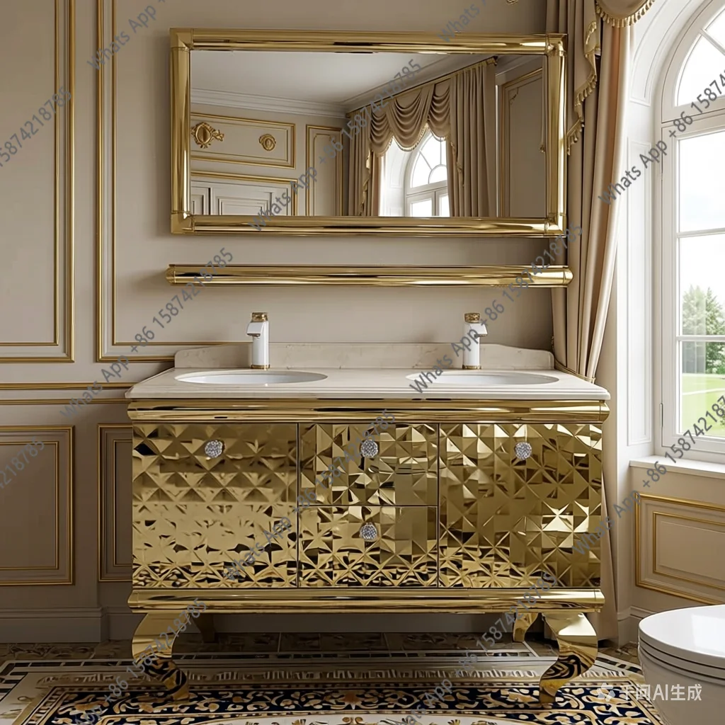 Luxury hotel bathroom cabinet combination bathroom stainless steel washing table villa double basin French floor gold
Luxury hotel bathroom cabinet combination bathroom stainless steel washing table villa double basin French floor gold