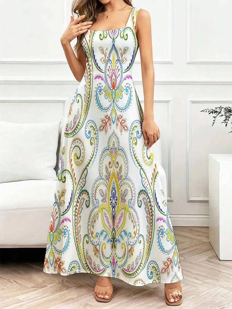 Elegant Square Neck Maxi Dress With Colorful Paisley Pattern Flowing Gown For Casual Wear
Elegant Square Neck Maxi Dress With Colorful Paisley Pattern Flowing Gown For Casual Wear