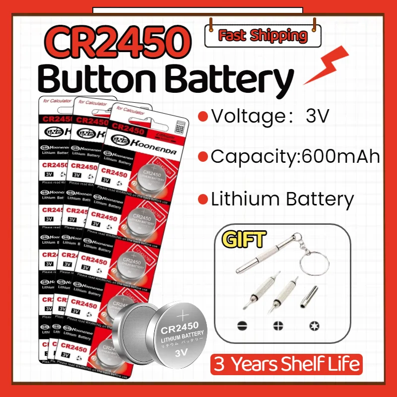 CR2450 3V Lithium Battery for Toy Car Key Fob Remote Calculator Watch Coin Cell Replace CR2450 DL2450 BR2450 LM2450 KCR5029
CR2450 3V Lithium Battery for Toy Car Key Fob Remote Calculator Watch Coin Cell Replace CR2450 DL2450 BR2450 LM2450 KCR5029