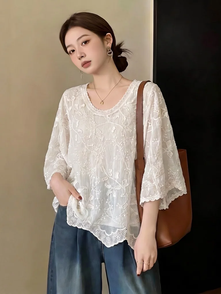Bohemian Style Short Sleeve Embroidered Lace Shirt Women's plus Size Summer New Fashion Beautiful Top Korean Loose Fit round ...
Bohemian Style Short Sleeve Embroidered Lace Shirt Women's plus Size Summer New Fashion Beautiful Top Korean Loose Fit round ...