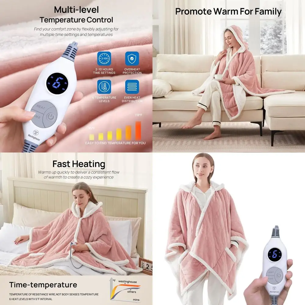 Pink Electric Heated Shawl Poncho with 6 Levels and 2-10 Hour Timer, 50x60 Inches
Pink Electric Heated Shawl Poncho with 6 Levels and 2-10 Hour Timer, 50x60 Inches