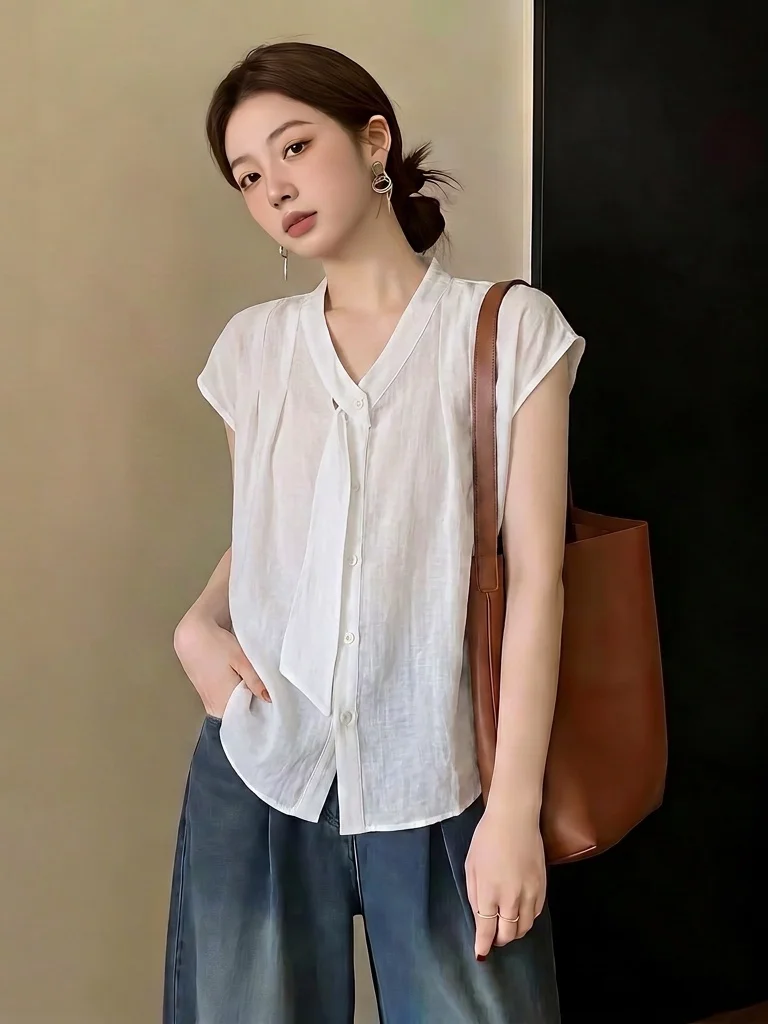 Elegant White V-Neck Short Sleeve Shirt Women's Fashion Korean Style Commute Wind Loose Fit Summer New plus Size Slimming Top
Elegant White V-Neck Short Sleeve Shirt Women's Fashion Korean Style Commute Wind Loose Fit Summer New plus Size Slimming Top