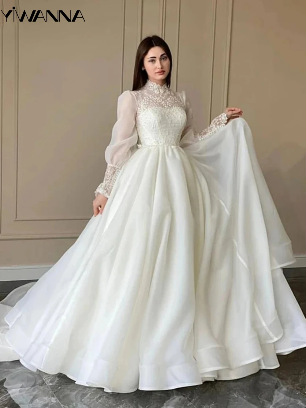 Modest High Collar Long Sleeve Wedding Dress Classic Lace Appliques Bride Robe Elegant A-line Long Bridal Gown Robe De Mariée
Modest High Collar Long Sleeve Wedding Dress Classic Lace Appliques Bride Robe Elegant A-line Long Bridal Gown Robe De Mariée