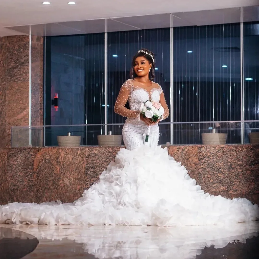 Aso Ebi Plus Size Ivory Mermaid Wedding Dresses Lacefull Pearls Detachable Train Full Sleeves Bridal Gowns Dress Vestidos De No
Aso Ebi Plus Size Ivory Mermaid Wedding Dresses Lacefull Pearls Detachable Train Full Sleeves Bridal Gowns Dress Vestidos De No