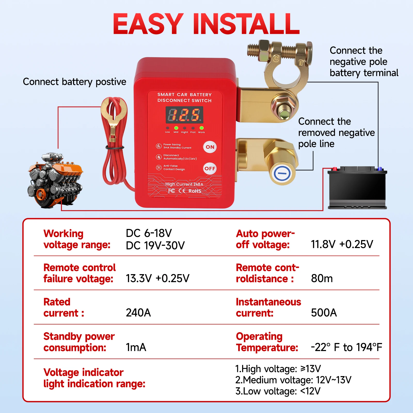 Remote Battery kill Switch 240Amp 12V Smart Voltage Cut Off Switch With LED Display Anti-Theft For Vehicle Truck Boat Car
Remote Battery kill Switch 240Amp 12V Smart Voltage Cut Off Switch With LED Display Anti-Theft For Vehicle Truck Boat Car