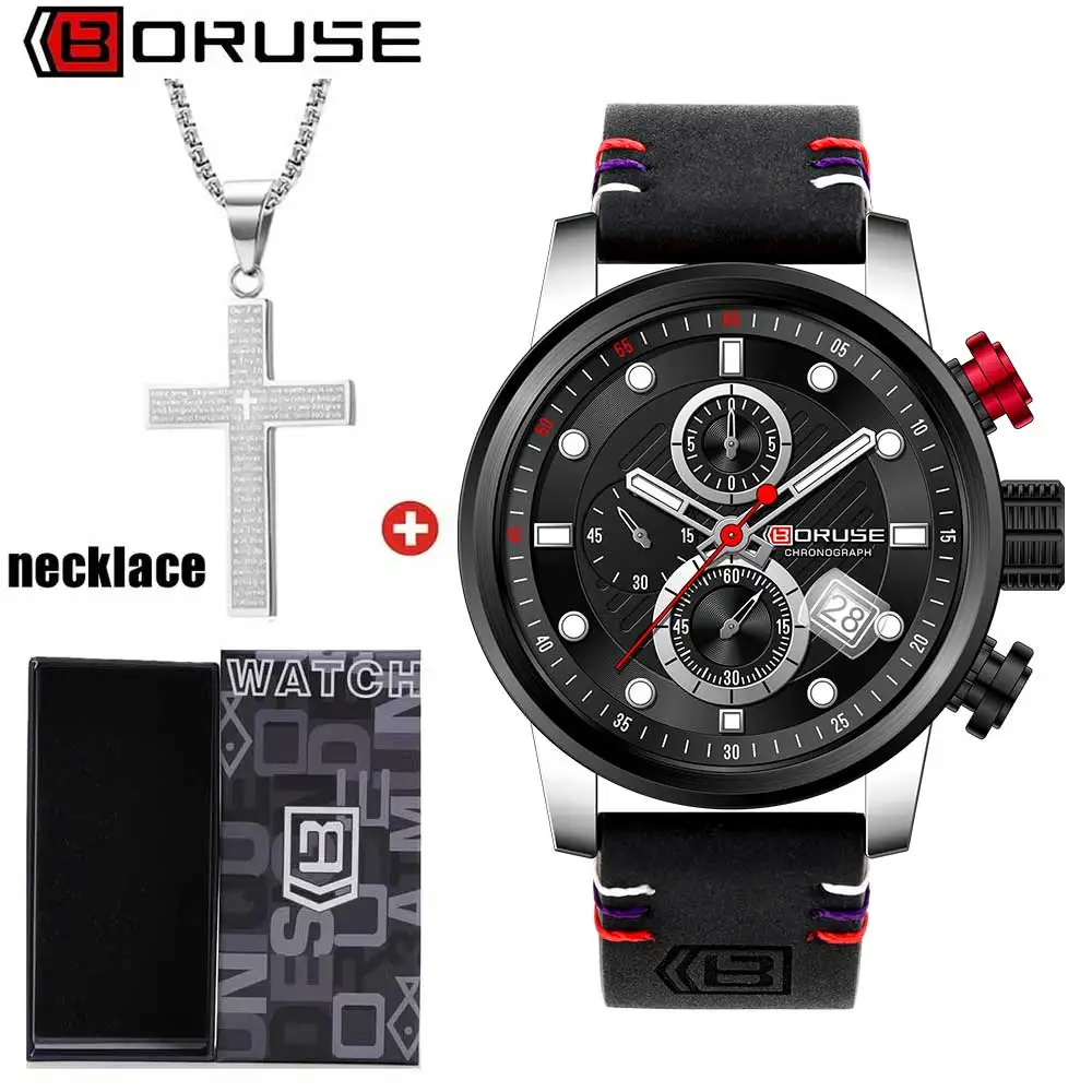 BORUSE Men's Watch 2Pcs/se Fashion Sporty Men's Watch Necklace Set Date Large Round Plate Pu Leather Strap Ramadan Perfect Gifts
BORUSE Men's Watch 2Pcs/se Fashion Sporty Men's Watch Necklace Set Date Large Round Plate Pu Leather Strap Ramadan Perfect Gifts