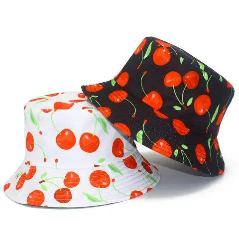 Chapéu de balde com estampa de cereja, lado duplo, unissex, bob, gorros, homens, mulheres, panamá, ao ar livre, praia, sol, pesca, chapéus de pescador