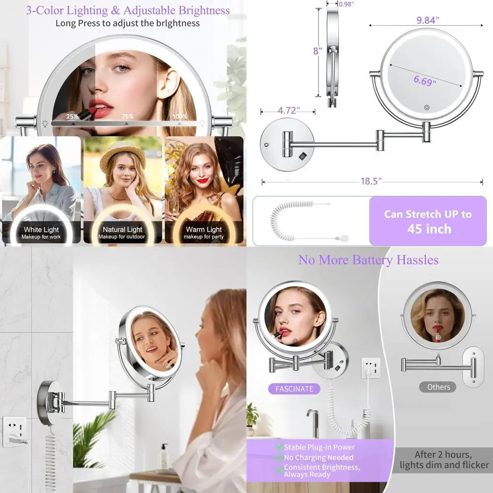 Косметическое зеркало с подсветкой и 30-кратным/1-кратным увеличением, 3-цветный светодиод, регулируемый кронштейн для ванной комнаты и макияжа
Косметическое зеркало с подсветкой и 30-кратным/1-кратным увеличением, 3-цветный светодиод, регулируемый кронштейн для ванной комнаты и макияжа